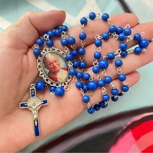 Vibrant Blue Rosary Necklace with Silver Details